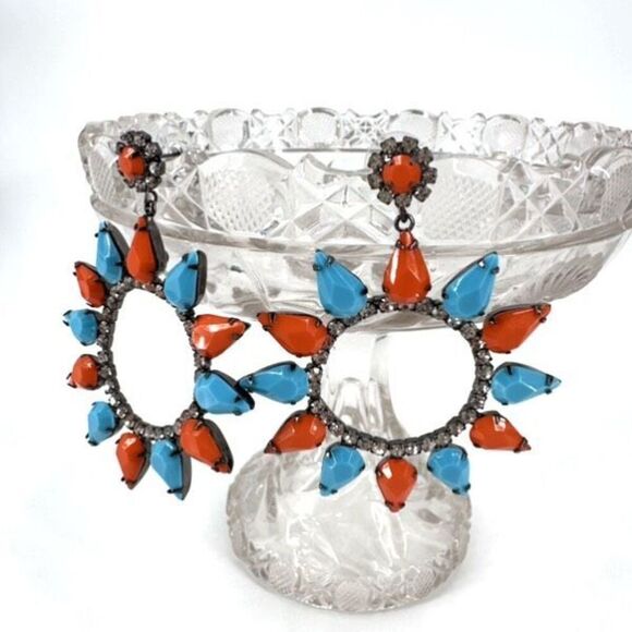 Kenneth Jay Lane Womens Large Circle Crystal Drop Dangle Earring Turquoise Coral - Picture 1 of 12